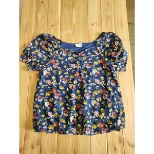 Ember Dark Blue Floral Blouse Medium M Top Spring Flowers Sheer Puffy Sleeves